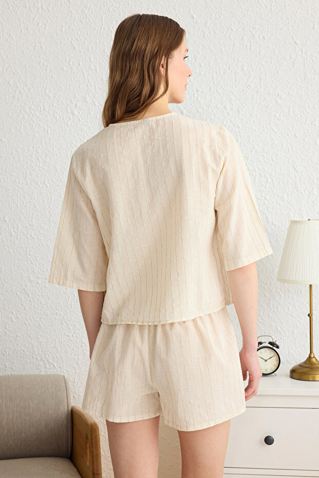Bej Pamuklu Bağlamalı/Fiyonklu Keten Görünümlü Şortlu Dokuma Pijama Takımı THMSS25PT00136 - 6
