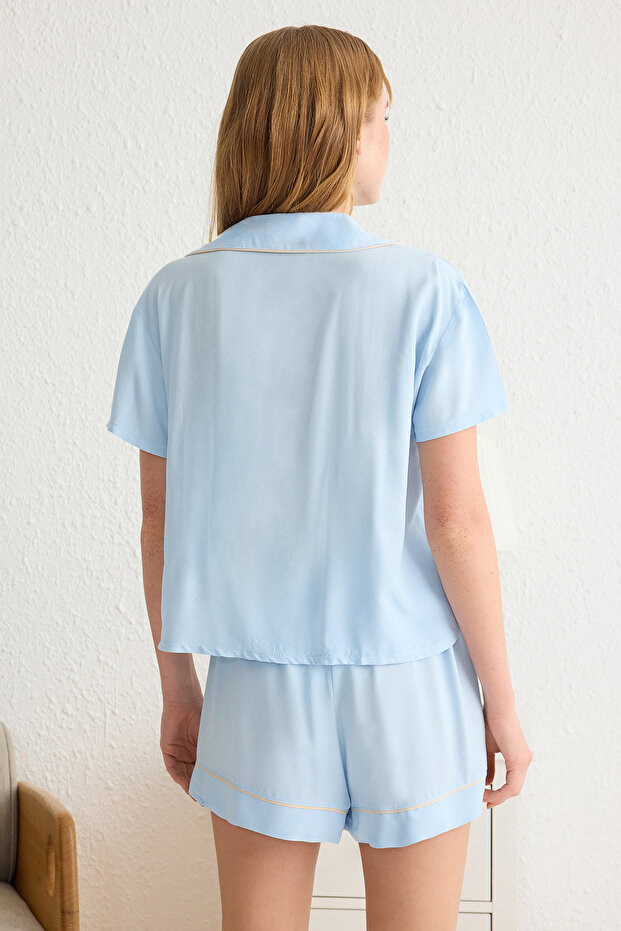 Mavi Biye Detaylı Viskon Şortlu Dokuma Pijama Takımı THMSS24PT00051 - 5