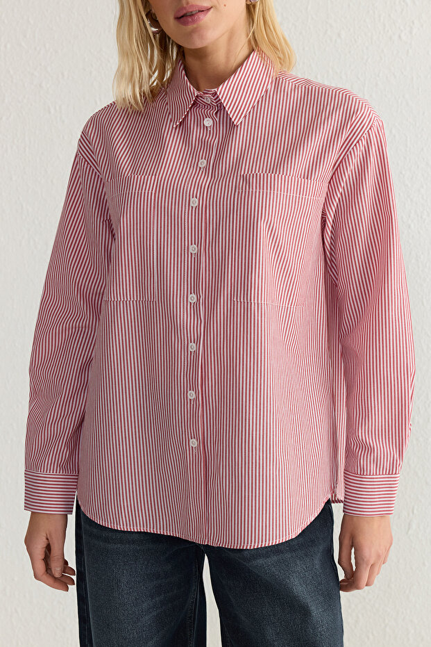 Kırmızı Çizgili Oversize Geniş Kalıp Dokuma Gömlek TWOAW23GO00359 - 4