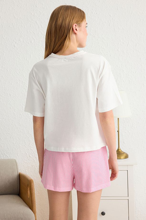 Pembe %100 Pamuklu Çizgili Slogan Baskılı Uyku Bantlı Şortlu Örme Pijama Takımı THMSS25PT00102 - 5