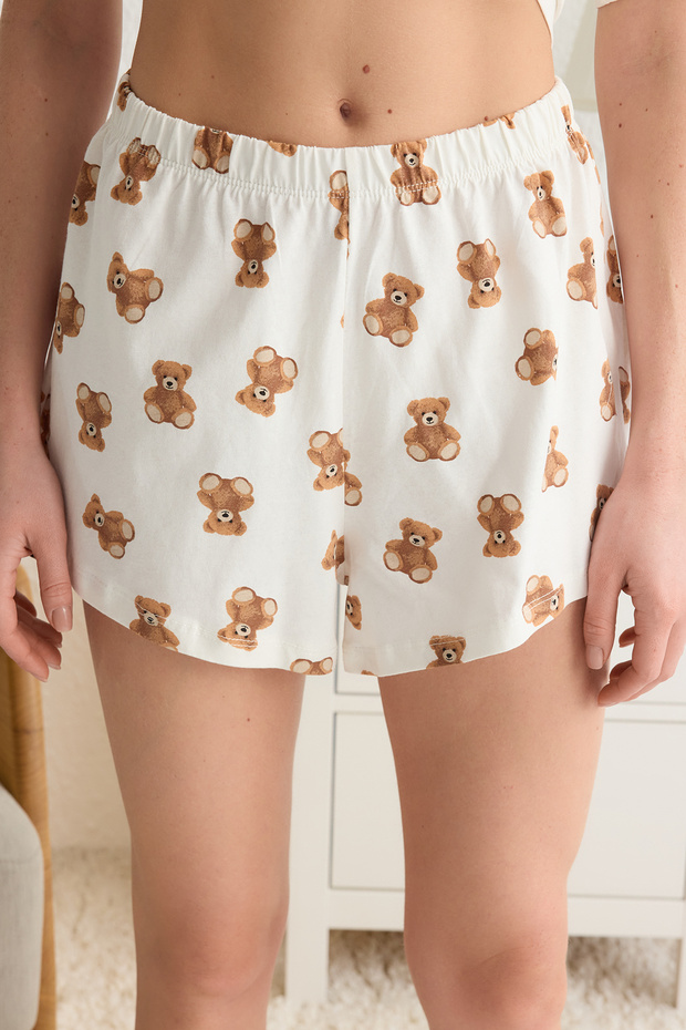 Açık Bej %100 Pamuklu Ayıcıklı ve Slogan Baskılı Şortlu Örme Pijama Takımı THMSS25PT00110 - 5