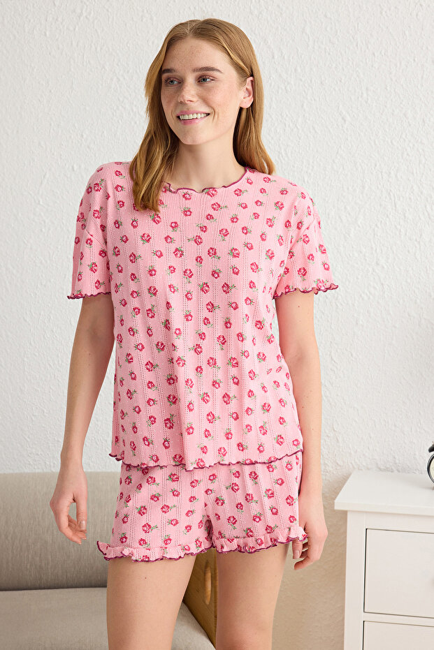 Pembe %100 Pamuklu Çiçekli Fırfırlı Pointel Ajurlu/Delikli Şortlu Örme Pijama Takımı THMSS25PT00010 - 2