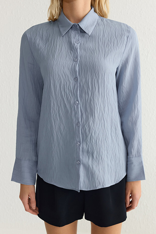 Mavi Çizgili Dokulu Kumaş Oversize Dokuma Gömlek TWOSS25GO00013 - 4