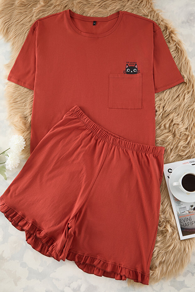Kiremit Kedi Baskılı Örme Pijama Takımı TBBSS24AI00035 - 2