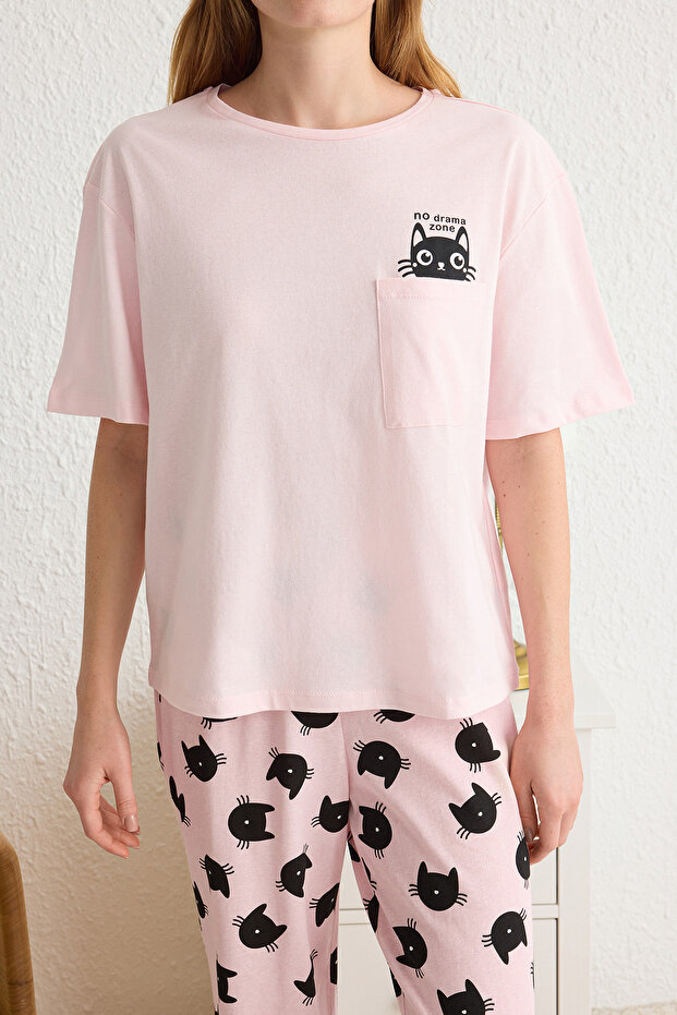 Pembe %100 Pamuklu Kedi Desenli Örme Pijama Takımı THMSS25PT00161 - 3