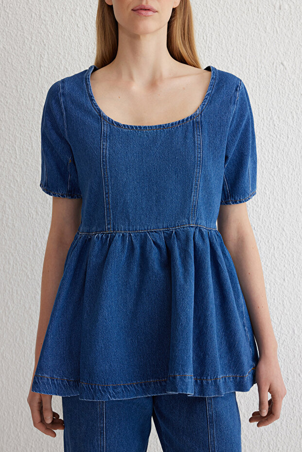 Mavi Dikiş Detaylı Volanlı Denim Bluz TWOSS25BZ00001 - 3