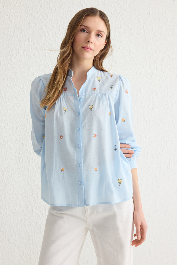 MaviÇiçek Nakışlı Oversize Dokuma Gömlek TWOSS23GO00152 - 2