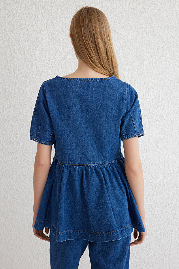 Mavi Dikiş Detaylı Volanlı Denim Bluz TWOSS25BZ00001 - 5