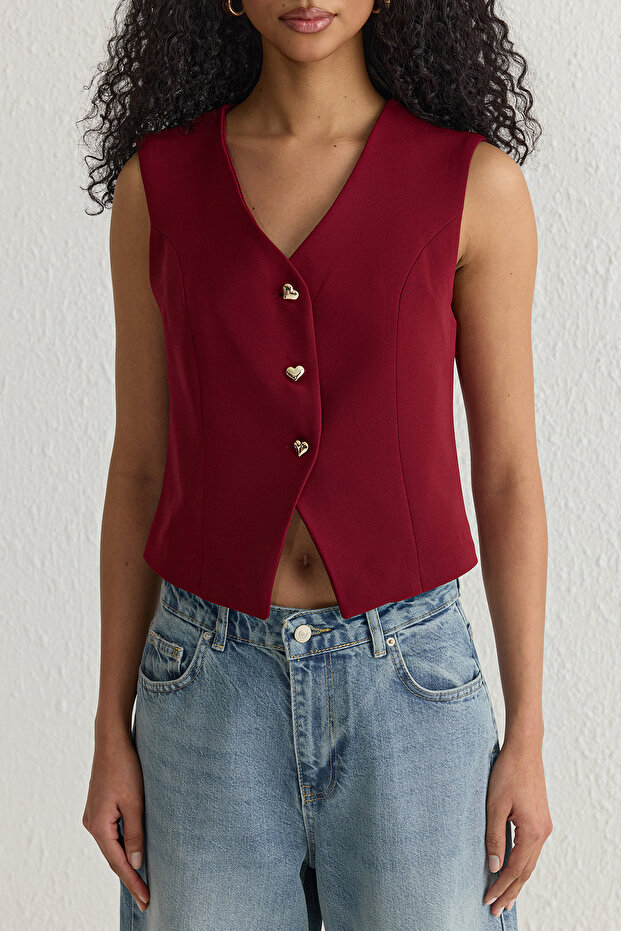 Bordo Fitted Crop Kalpli Düğmeli Dokuma Yelek TWOSS25YE00015 - 4