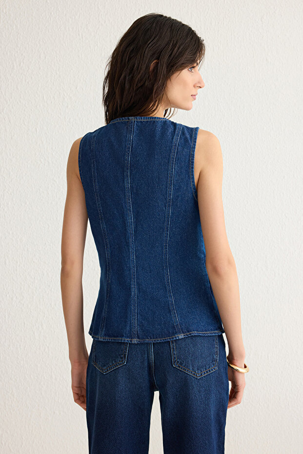 More Sustainable Koyu Mavi Gold Düğmeli Dikiş Detaylı Denim Yelek TWOSS25YE00001 - 5