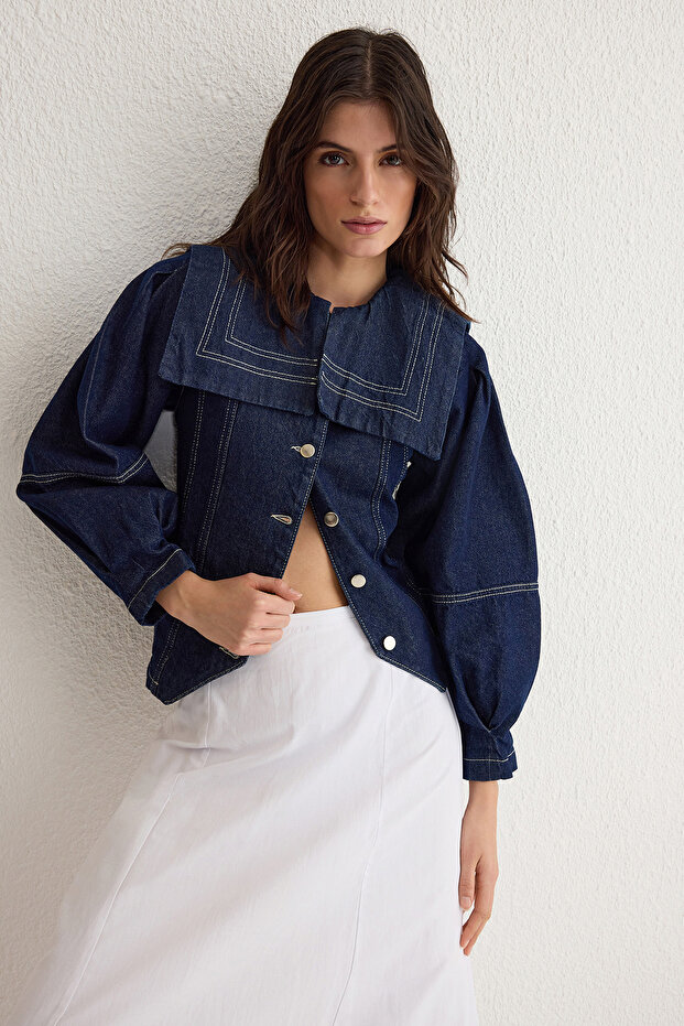 Koyu Mavi Denizci Yaka Detaylı Kontrast Dikişli Denim Gömlek Ceket TWOSS25CE00003 - 1
