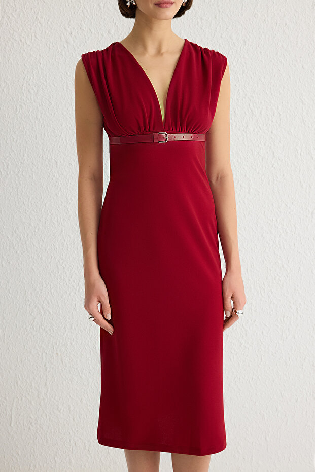 Bordo V Yaka Kemerli Bodycone/Vücuda Oturan Midi Örme Elbise TWOSS25EL00083 - 4