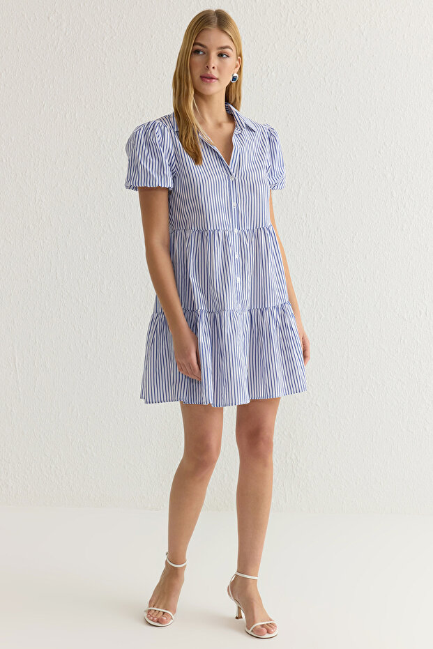Beyaz Çizgili Mini Poplin Dokuma Gömlek Elbise TWOSS25EL00024 - 3