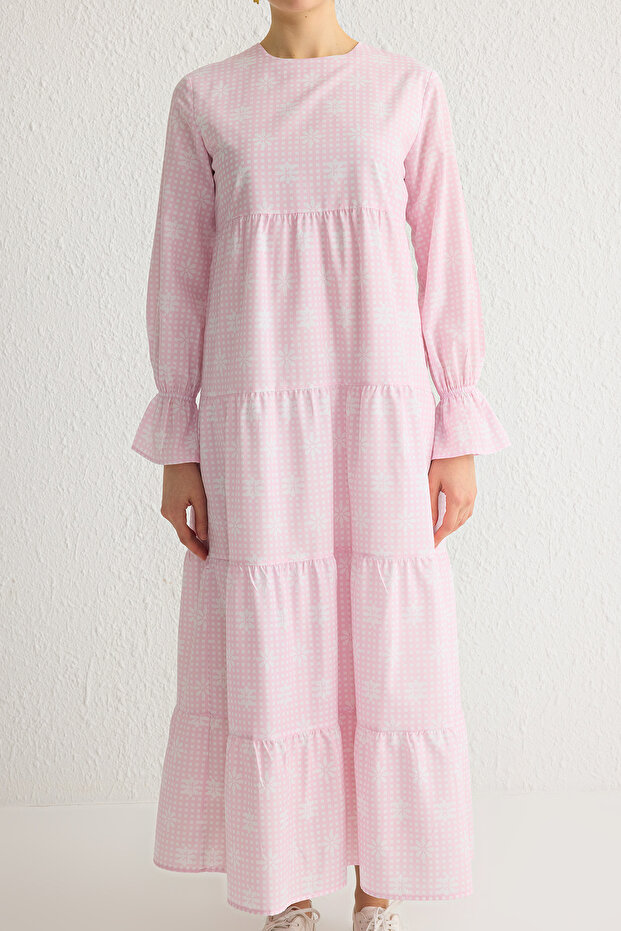 Açık Pembe Astarlı Çiçekli Dokuma Terrycotton Elbise TCTSS21EL3441 - 4