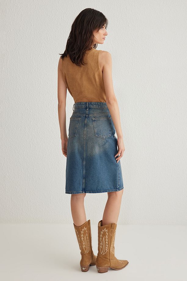Mavi Yırtmaçlı Midi Denim Etek TWOSS25ET00022 - 6