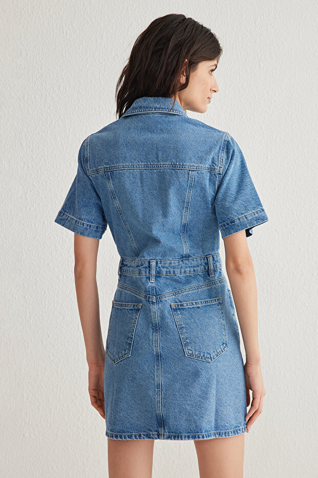 Mavi Cep Detaylı Kısa Kollu Mini Denim Gömlek Elbise TWOSS25EL00156 - 5