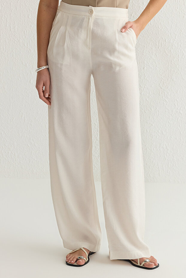 Bej Yumuşak Tuşeli Wide Leg/Geniş Paça Dokuma Pantolon TWOSS25PL00004 - 4