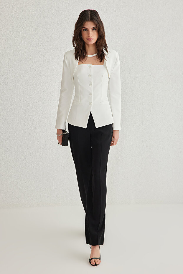 Beyaz Bolero Detaylı Dokuma Blazer Ceket TWOSS24BC00019 - 2