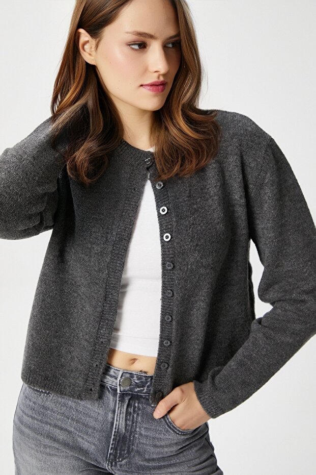 Kadın Nina Bisiklet Yaka Antrasit Basic Hırka - 7