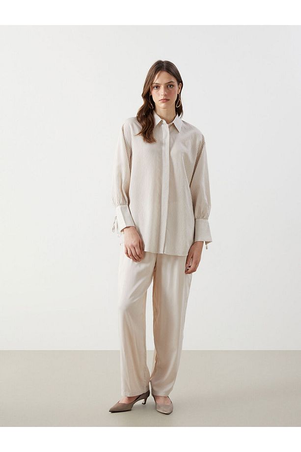 LCW Modest Bej Çizgili Oversize Kadın Gömlek Tunik - 3