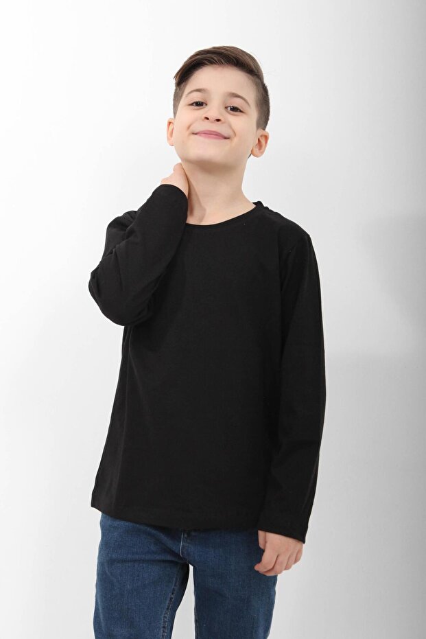 %100 Pamuklu Kız Ve Erkek Unisex Uzun Kollu Basic Tshirt Siyah - 4