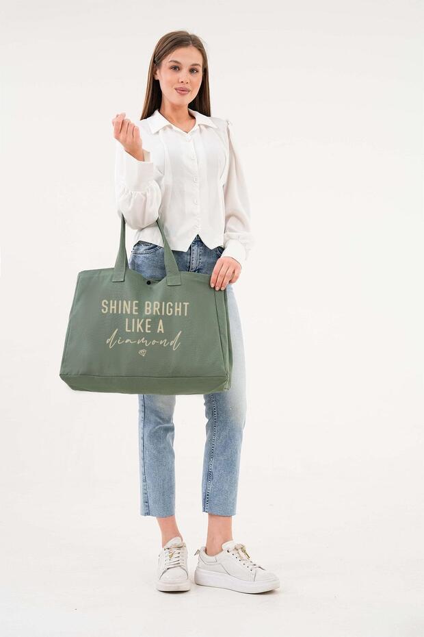 Diamond Printed Green Large Size Canvas Bag with Snap Fastener - 4