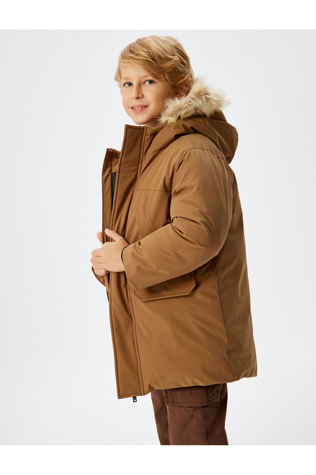 Hooded Coat with Faux Fur Detail and Flap Pockets