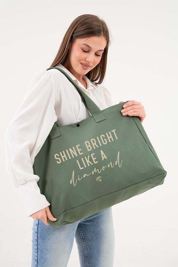 Diamond Printed Green Large Size Canvas Bag with Snap Fastener - 2