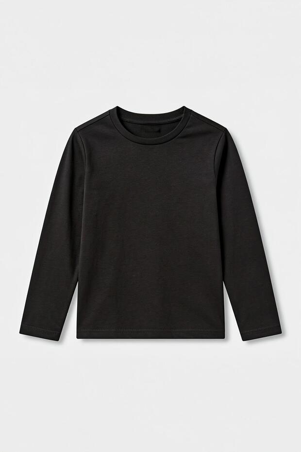 %100 Pamuklu Kız Ve Erkek Unisex Uzun Kollu Basic Tshirt Siyah - 1