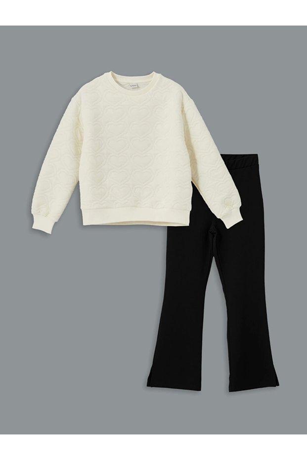 Lcw Kids Ecru Crew Neck Girl's Sweatshirt and Leggings