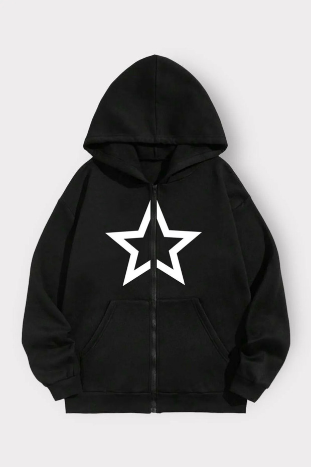 Star Printed Unisex Hooded Oversize Seasonal Zip-Up Sweatshirt/Cardigan