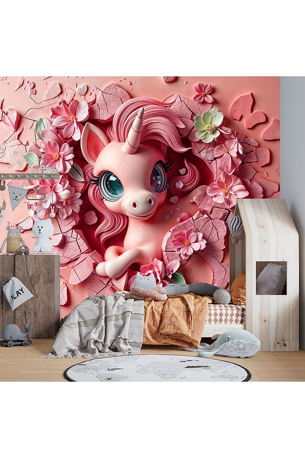 Duvarı kırıp çıkan sevimli unicorn poster duvar kağıdı - 2