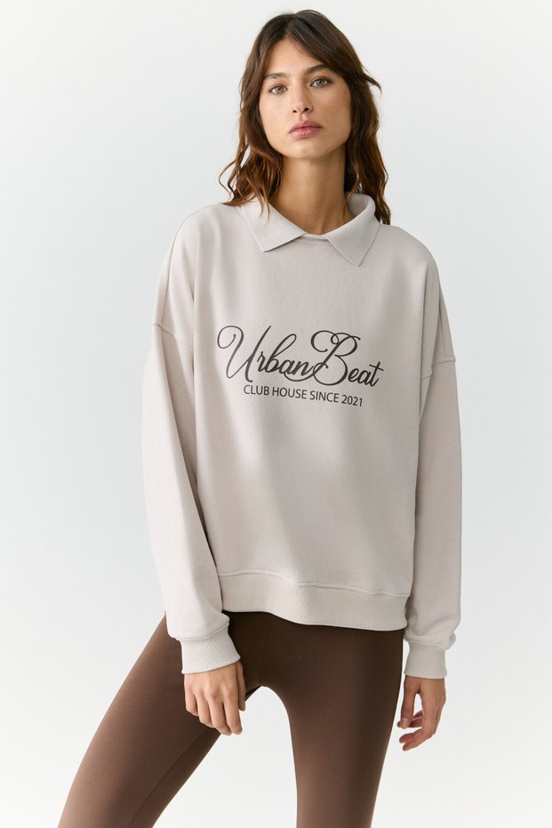 Alexia Urbanbeat Women's Knitwear Shirt Collar Print Detailed Relaxed Stone Color Sweatshirt