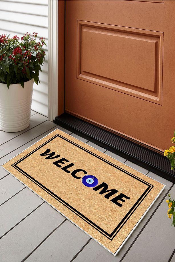 Dijital Baskı Yıkanabilir Welcome Hasır Desenli Paspas, Kaymaz Tabanlı Kapı Önü Paspası, 40x60 cm - 1