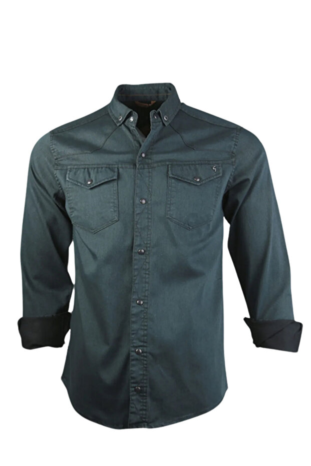 Erkek Uzun Kollu Çift Cepli Likralı Kot Gömlek - 1