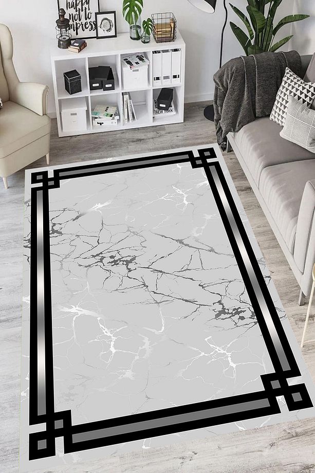 Makinede Yıkanabilir Leke Tutmaz Gri Pvc Deri Kaymaz Taban Çerçeve Salon Saçaksız Halı B1211 - 1