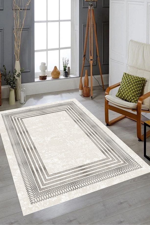 Makinede Yıkanabilir Leke Tutmaz Bej-gri Pvc Deri Kaymaz Taban Çerçeve Salon Halısı B1169 - 1
