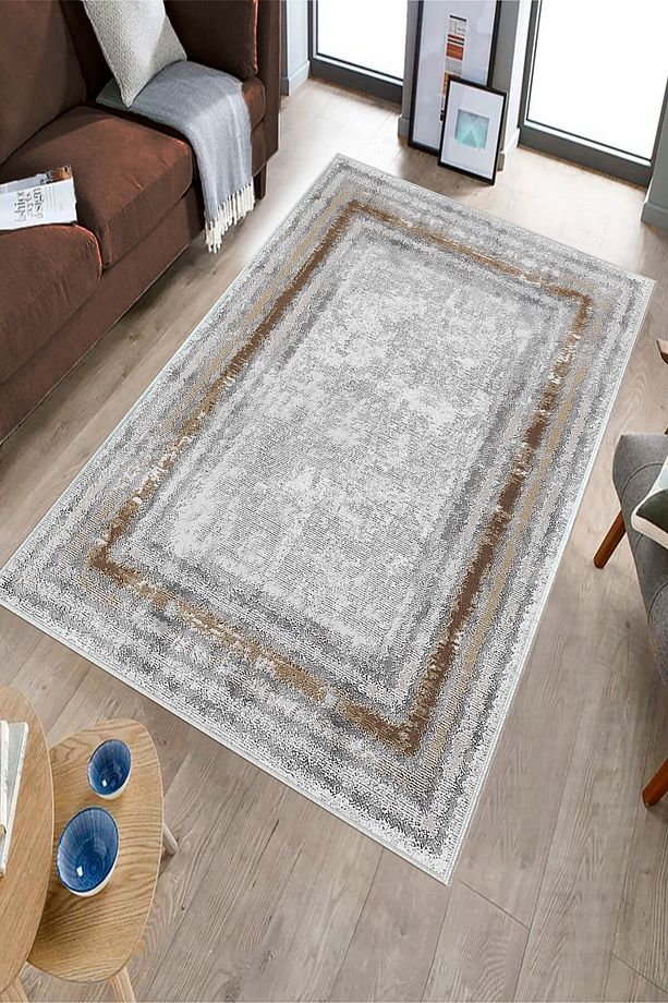 Makinede Yıkanabilir Leke Tutmaz Gri-kahve Pvc Deri Kaymaz Taban Eternity Salon Saçaksız Halı B1215 - 3