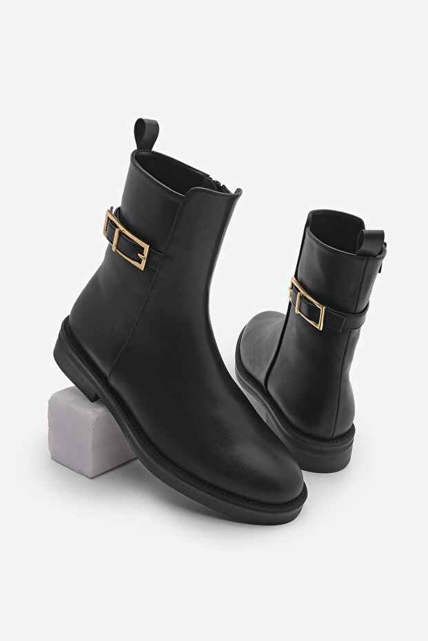 Women's Casual Boots with Gold Belt Accessories Soplen Black