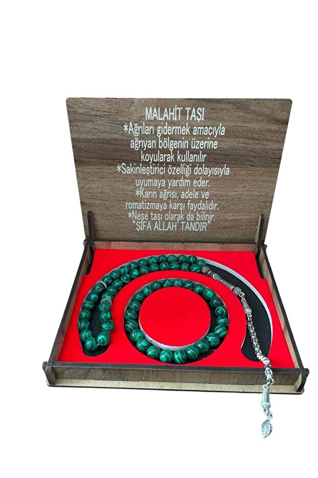 Malachite Stone Rosary Bracelet Set with Special Wooden Box Natural Stone