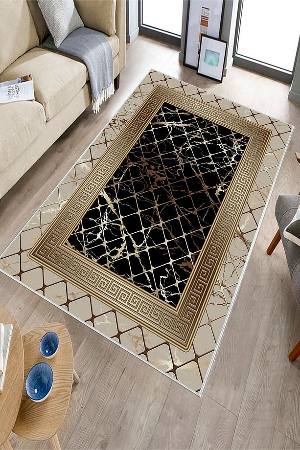 Makinede Yıkababilir Leke Tutmaz Vizon-siyah Pvc Deri Kaymaz Taban Versace Salon Saçaksız Halı B127 - 6