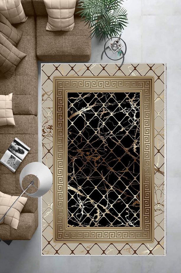 Makinede Yıkababilir Leke Tutmaz Vizon-siyah Pvc Deri Kaymaz Taban Versace Salon Saçaksız Halı B127 - 3