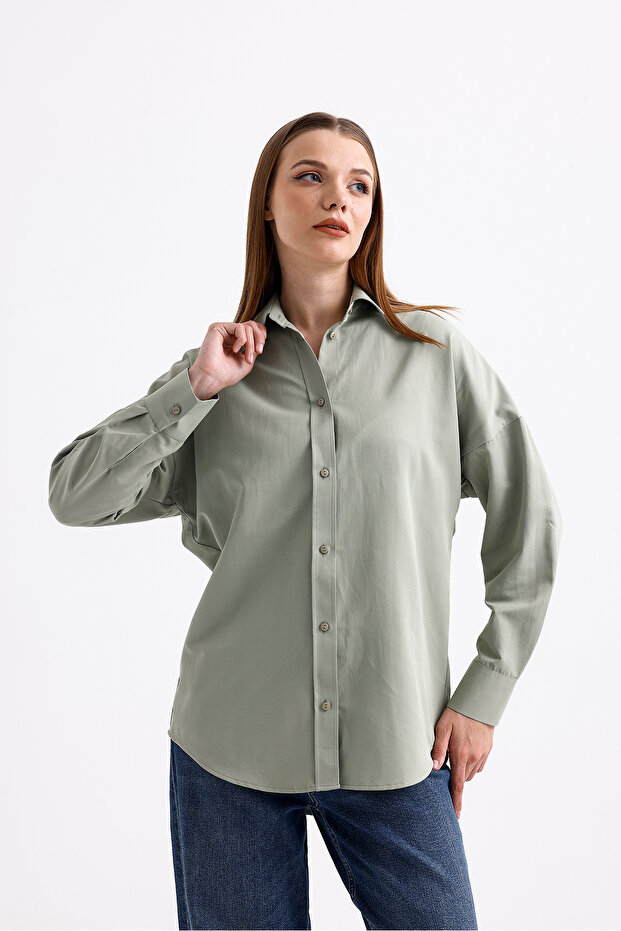 Oversize Uzun Basic Gömlek - Açık Yeşil - 4
