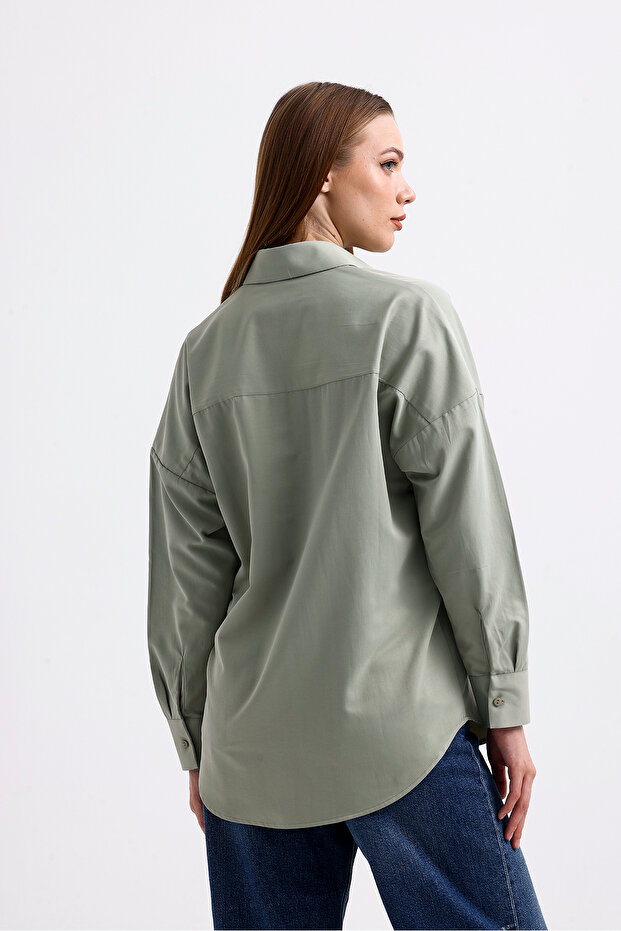 Oversize Uzun Basic Gömlek - Açık Yeşil - 6