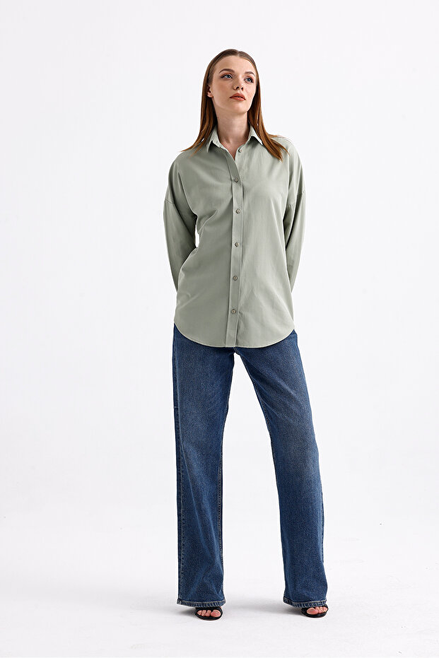 Oversize Uzun Basic Gömlek - Açık Yeşil - 3
