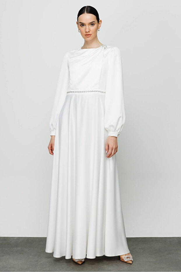 Ecru Stone Detailed Drape Evening Dress