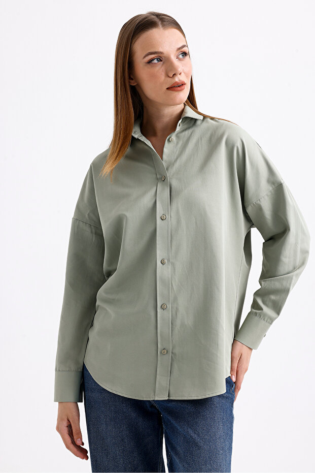Oversize Uzun Basic Gömlek - Açık Yeşil - 5