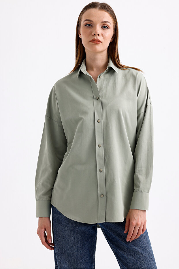 Oversize Uzun Basic Gömlek - Açık Yeşil - 2