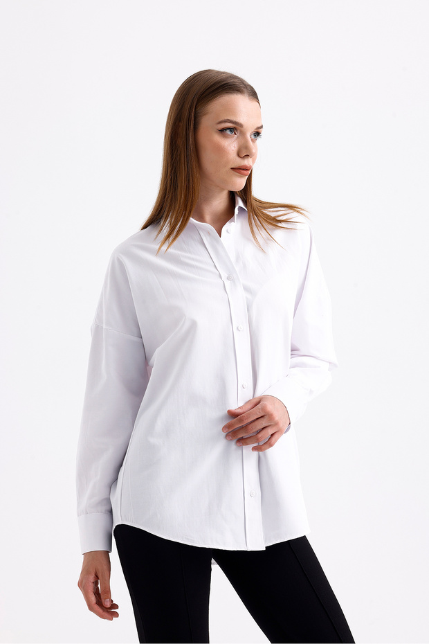 Oversize Uzun Basic Gömlek - Beyaz - 5