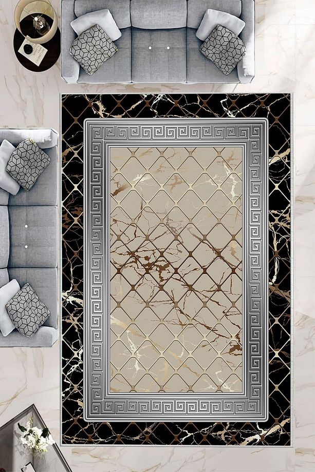 Makinede Yıkababilir Leke Tutmaz Siyah-gri Pvc Deri Kaymaz Taban Versace Salon Saçaksız Halı B1278- - 1
